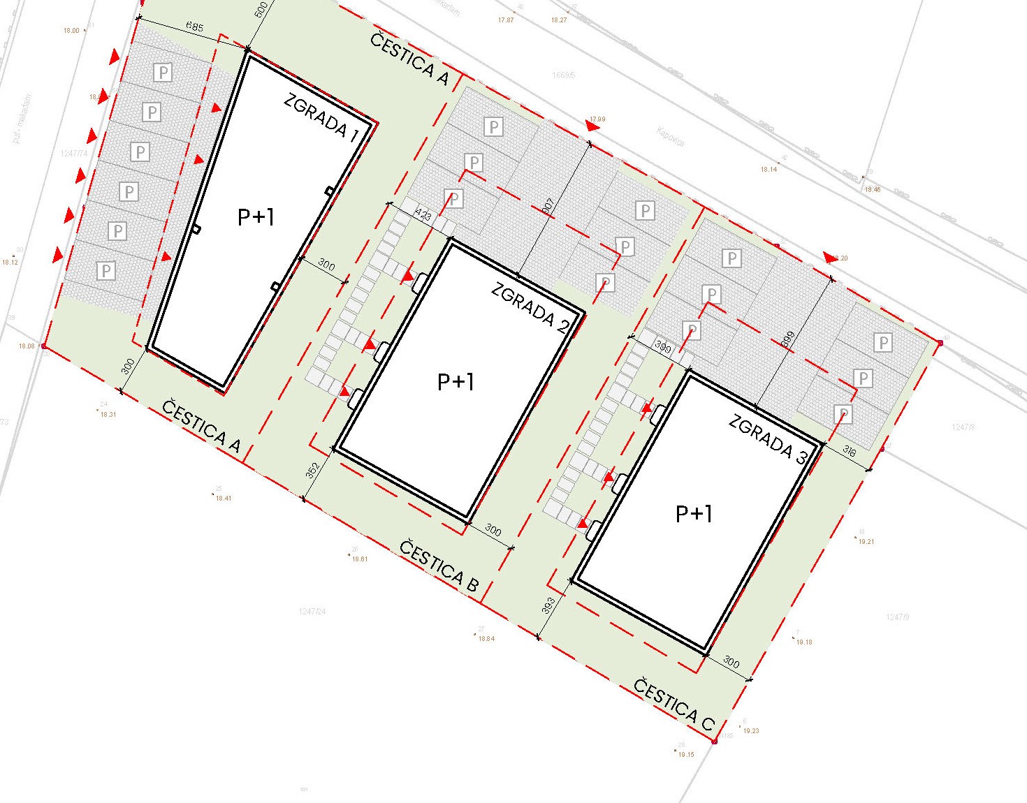 Situacija kompleksa — zgrade 1, 2 i 3 s parkiranjem i okućnicama